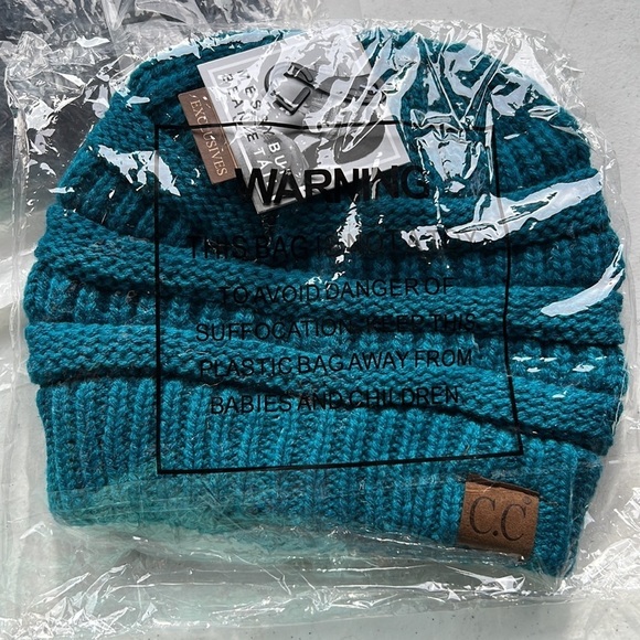 C.C Beanie Tail Cable Knit Messy High Bun Ponytail Hat Teal - Picture 6 of 6